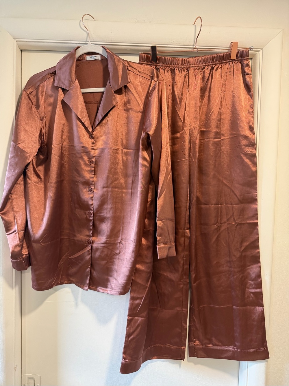Satin Button-Front Pajama Set in Copper